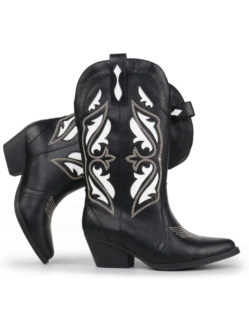 Women’s Black Embroidered Western Booties Pointed Toe Chunky Block Heel Pull On